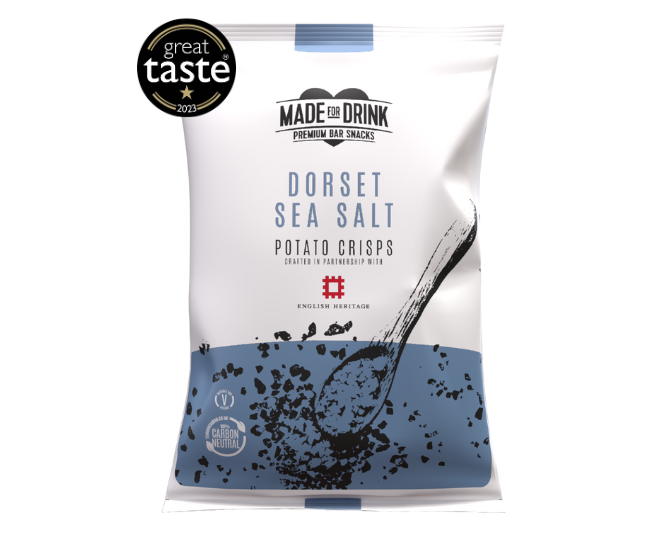 A 150g pack of Made For Drink's Dorset Sea Salt Crisps with the 1 star Great Taste Award 2023 logo.