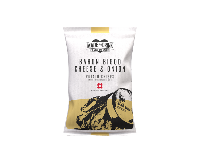 A 40g pack of Made For Drink's Baron Bigod Cheese & Onion Crisps on a transparent background