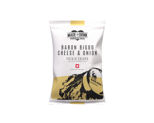 A 40g pack of Made For Drink's Baron Bigod Cheese & Onion Crisps on a transparent background