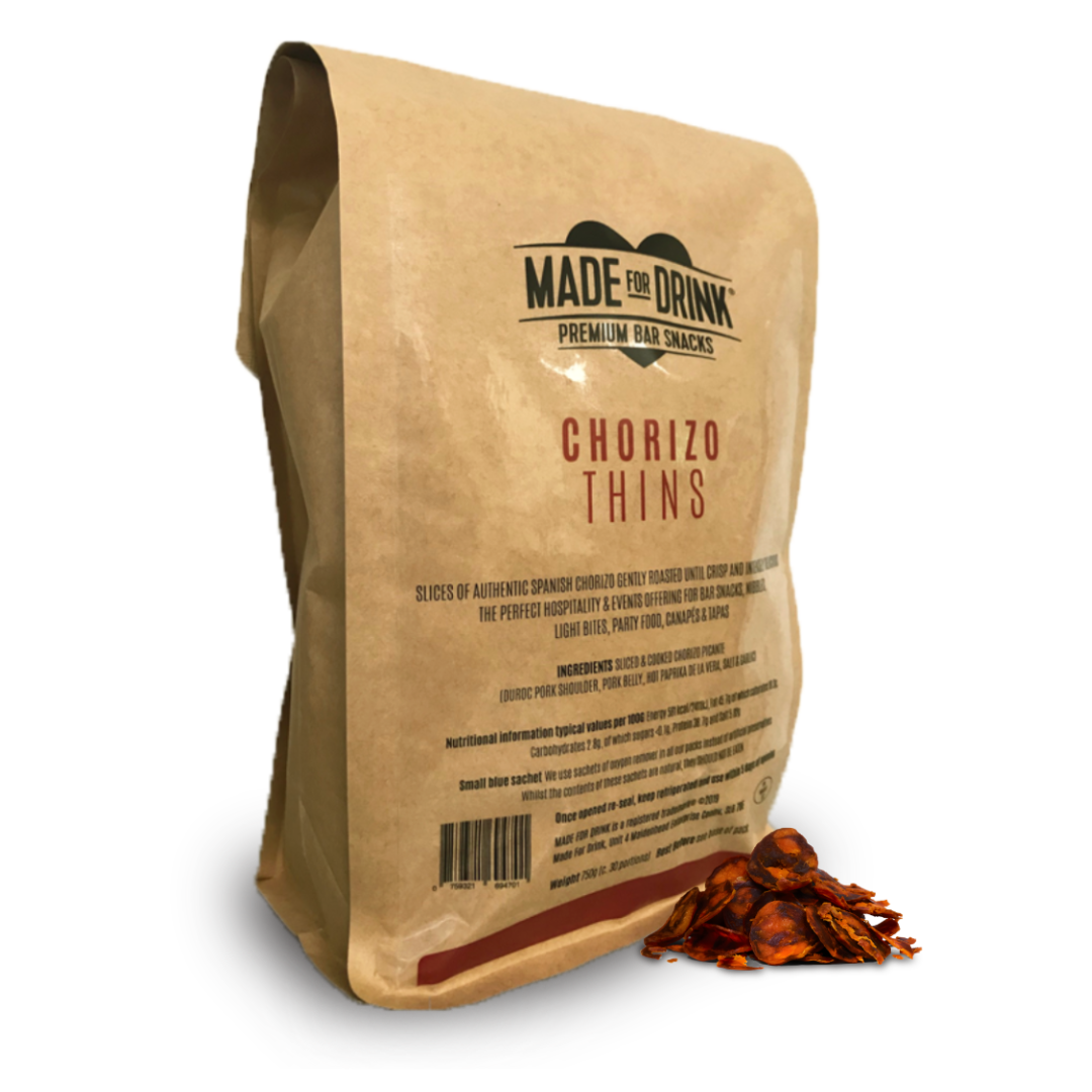 Chorizo Thins | Available in 18g Clip Strip, 30g Cases & 750g catering pks| 39%-71% Gross Margin