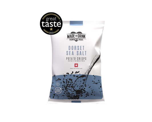 A 40g pack of Made For Drink's Dorset Sea Salt Crisps with the 1 star Great Taste Award 2023 logo.